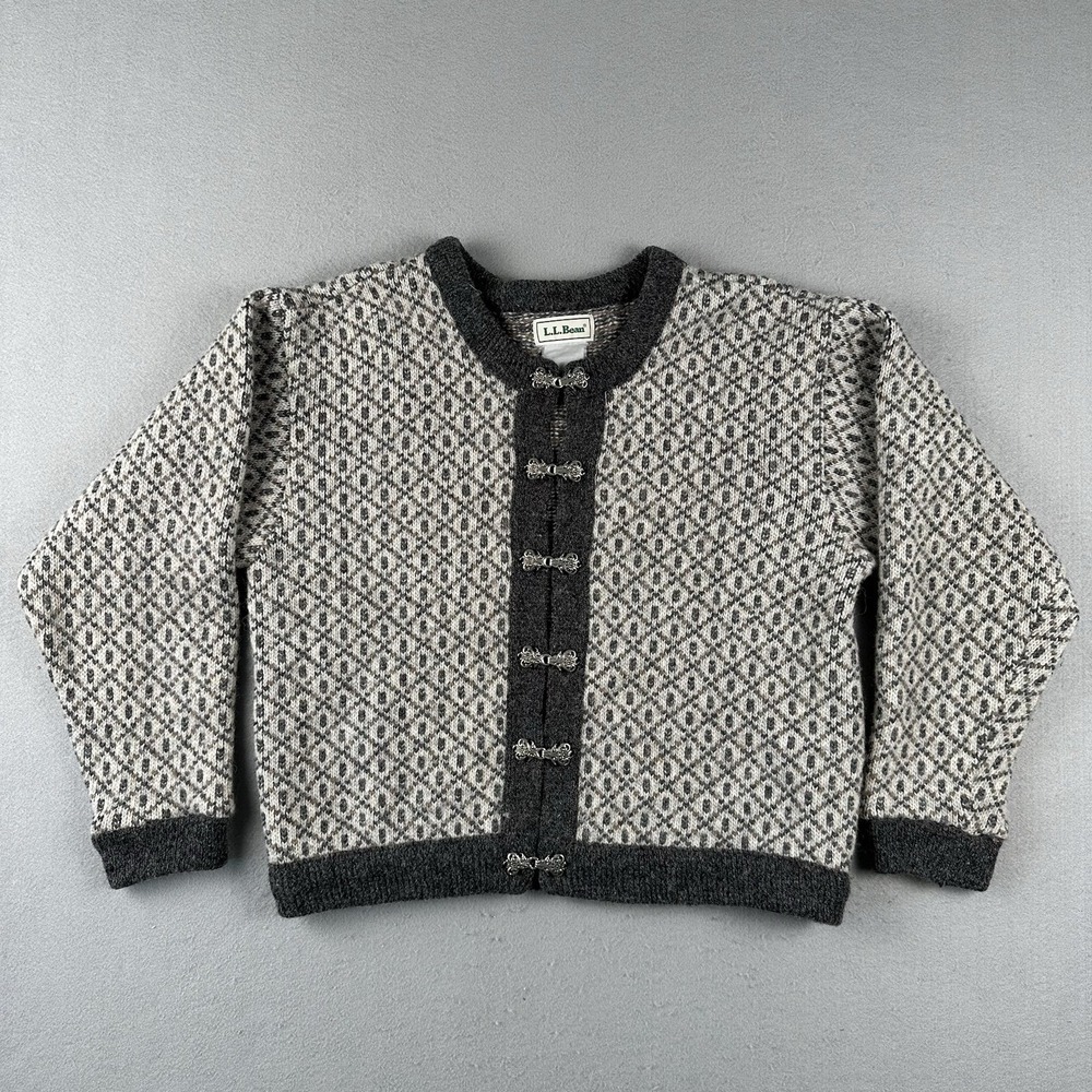 Vintage LL Bean Norwegian Cardigan Sweater Women's M Gray Wool Birdseye Nordic